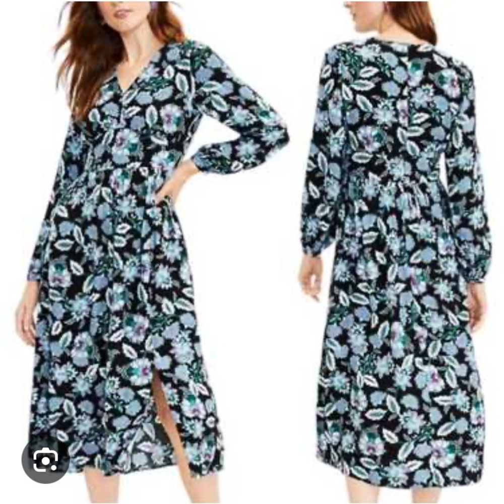 LOFT Floral Long Sleeve Dress in Black and Blue